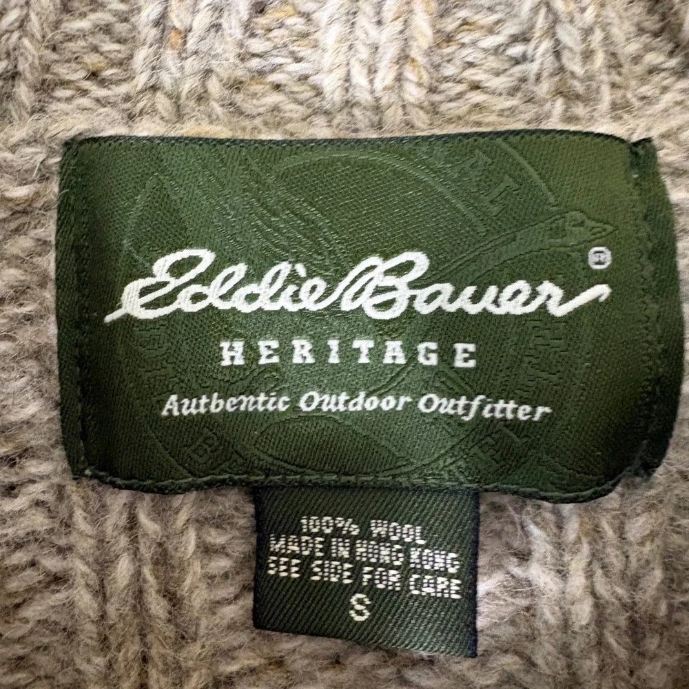 Eddie Bauer Heritage Mens Small 100% Wool Cable Knit Sweater Beige Crew Neck
